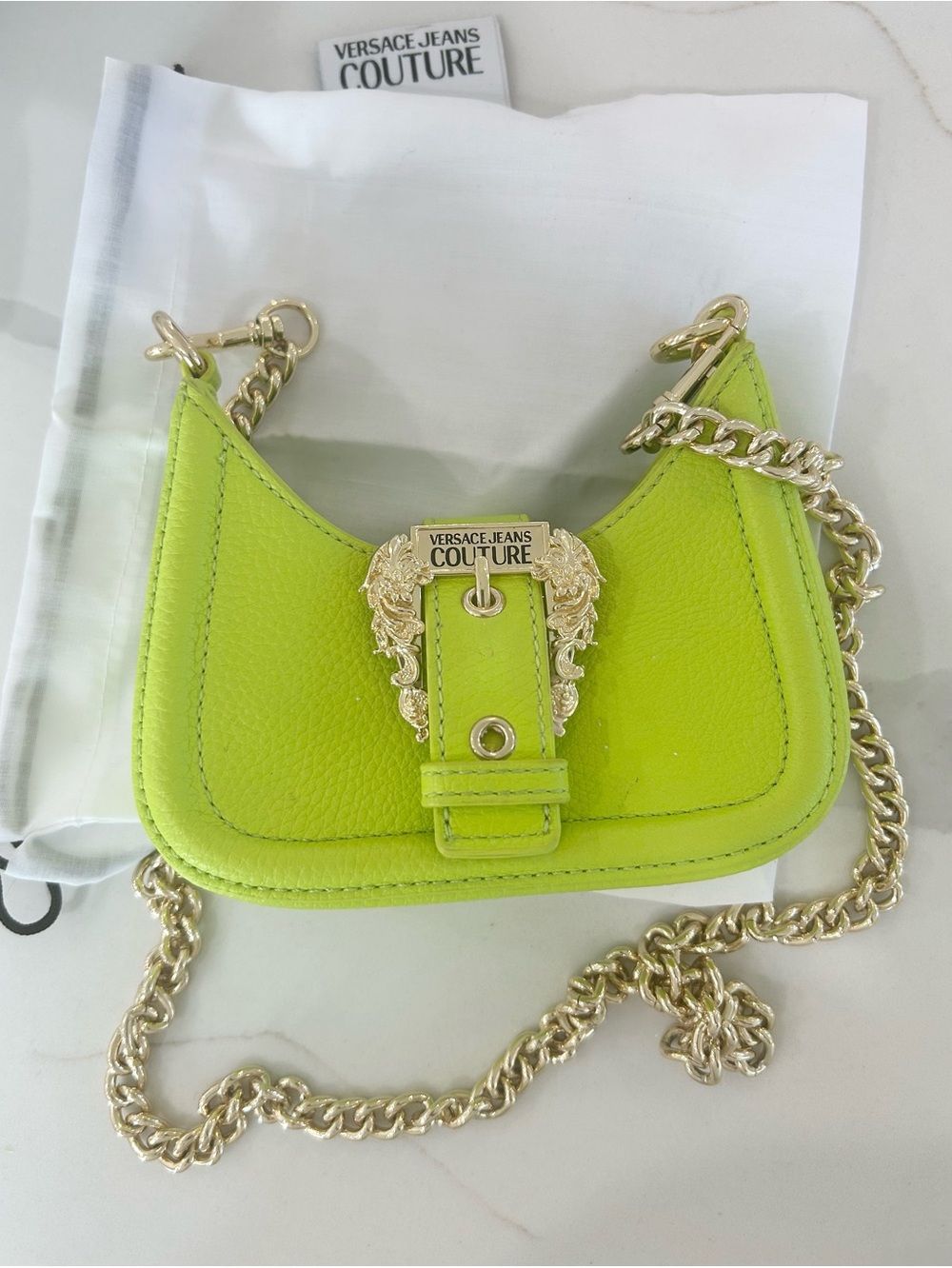 Versace Jeans Couture Lime Green Baroque  Mini Gold Chain Bag w/ Duster 💚RARE💚